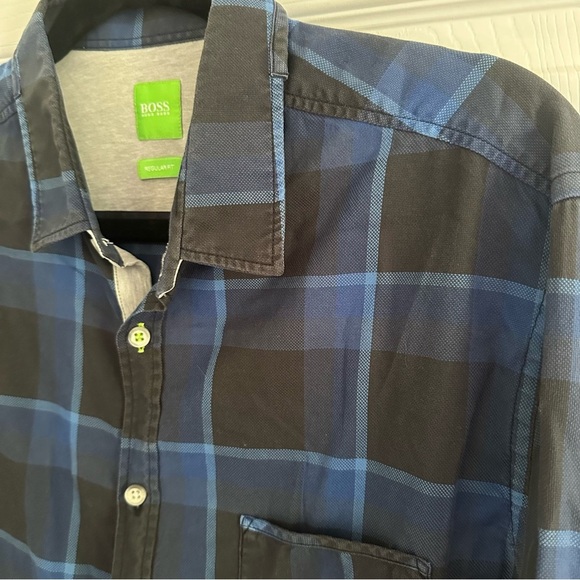 Size L Hugo Boss Men’s Blue Plaid Flannel Shirt - Picture 3 of 6